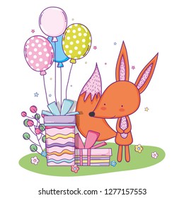 cute fox happy birthday with balloons and present gift