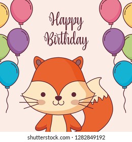 cute fox happy birthday card with balloons helium