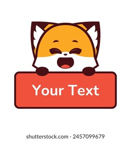 cute fox with happy expression holding a text box, cute fox with happy expression holding label text, vector icon, vector logo, vector sign