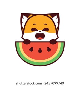 Cute Fox with happy expression Holding a Watermelon, vector icon, vector logo, vector sign