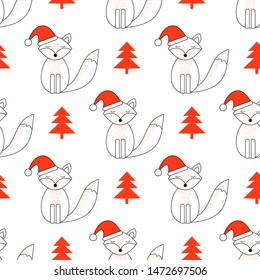 Cute fox. Happy New Year and Christmas holiday. Seamless pattern. Vector illustration