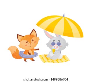 Cute fox and hare together on the yarn. Vector illustration on a white background.