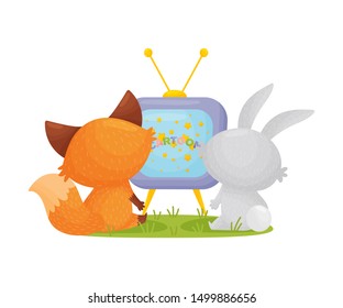 Cute fox and hare are watching TV together. Vector illustration on a white background.
