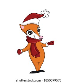 Cute Fox in a hat and red scarf and mittens. Vector children's sticker design on white isolated background.