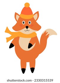 Cute fox in hat and scarf. Autumn cartoon forest animal. Concept for children design. Vector flat illustration.
