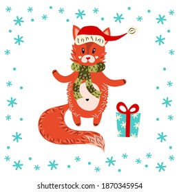 Cute fox in hat, scarf with Christmas gift and snowflakes. Cartoon character. New Year. Copy space. Flat design. Vector illustration. Funny animal. Isolated image white background. Greeting card.
