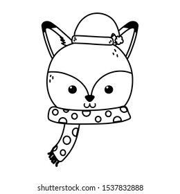 cute fox with hat and scarf merry christmas vector illustration thick line