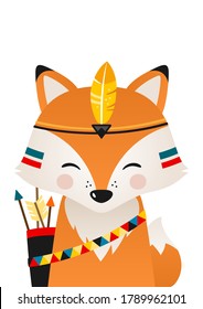 Cute fox have headdress with feathers on head. Woodland forest animal. Cartoon apache fox. Design can be used for kids apparel, greeting card, invitation, baby shower. Vector illustration.