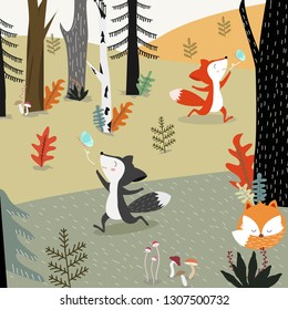 cute fox having fun with butterfly in spring forest cartoon,wolf sleeping in jungle,illustration vector comic art for any card.