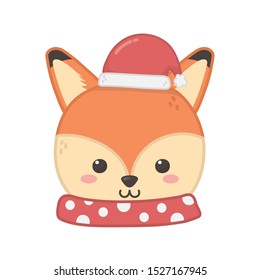 cute fox head with hat merry christmas vector illustration