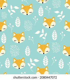 Cute Fox Head Pattern, Leafy Pattern, Blue, Vector Illustration. 