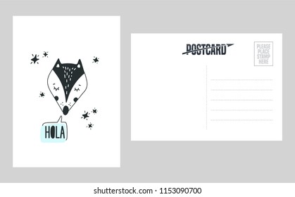 Cute fox head vector illustration. Design element, double sided postcard with hand drawn modern style fox in black and white 