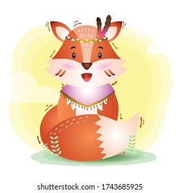 a cute fox in a headdress with feathers. Cartoon fox indian. Vector illustration