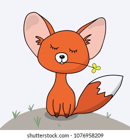 Cute fox with heart. Flowers. Children's drawing card on a black