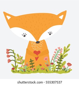 Cute fox with heart. Flowers. Children's drawing card on a white background,  graphic print