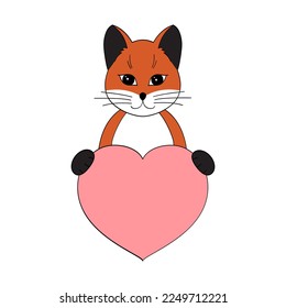 Cute fox with a heart. Postcard for Valentine's Day. Element for the design of prints, posters, stickers, postcards. Vector illustration on white background