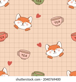 Cute fox with hearts and tea cup seamless pattern. Сute fox with a cozy mug of tea and romantic surroundings on an autumn checkered background for unisex clothes, fabric, textile, cover, decoration. 