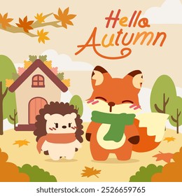 Cute Fox and Hedgehog with Scarves Celebrating Fall. A autumn illustration of a fox and hedgehog wearing scarves, standing outside a little woodland house surrounded by colorful fall leaves and trees.