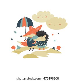 Cute fox and hedgehog walking under umbrella