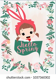 Cute fox hello summer in flower frame,Illustration by freehand doodle comic cartoon art for invitation card or postcard