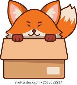 Cute Fox Hiding Inside a Box Illustration