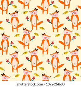 Cute fox hold flower seamless pattern.