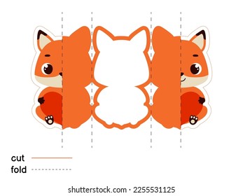 Cute fox hold heart. Fold long greeting card template. Great for St. Valentine day, birthdays, baby showers. Printable color scheme. Print, cut out, fold. Vector stock illustration.