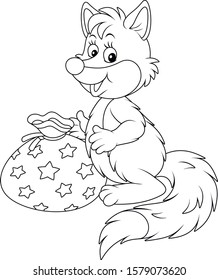 Cute fox holding a beautiful bag with a holiday gift, black and white outline vector cartoon illustration for a coloring book page