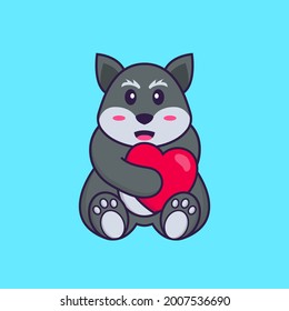 El zorro lindo sostiene un gran corazón rojo. El concepto de caricatura animal aislado. Puede usarse para camisetas, tarjetas de felicitación, tarjetas de invitación o mascota.