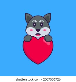 El zorro lindo sostiene un gran corazón rojo. El concepto de caricatura animal aislado. Puede usarse para camisetas, tarjetas de felicitación, tarjetas de invitación o mascota.