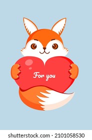 Cute fox is holding a big red heart. Vector fox illustration for valentine's day for postcard, textile, decor, poster. Love message. Greeting card