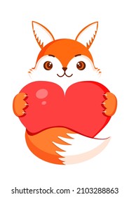 Cute fox is holding a big red heart. Vector fox illustration for valentine's day for postcard, textile, decor, poster. Love message.