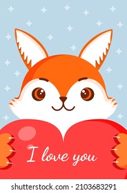 Cute fox is holding a big red heart. Vector fox illustration for valentine's day for postcard, textile, decor, poster. Love message. Greeting card.