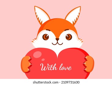 Cute fox is holding a big red heart. Vector fox illustration for valentine's day for postcard, textile, decor, poster. Love message. Greeting card.