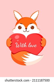 El zorro lindo tiene un gran corazón rojo. Ilustración Vector fox para el día de San Valentín para postal, textil, decoración, afiche. Mensaje de amor. Tarjeta de felicitación.