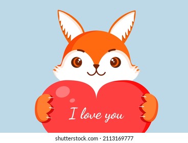 Cute fox is holding a big red heart. Vector fox illustration for valentine's day for postcard, textile, decor, poster. Love message. Greeting card.
