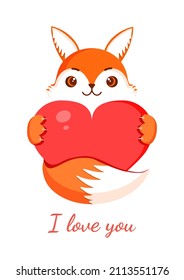 Cute fox is holding a big red heart. Vector fox illustration for valentine's day for postcard, textile, decor, poster. Love message. Greeting card.