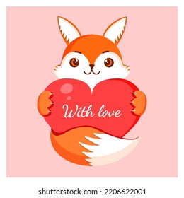 Cute fox is holding a big red heart. Vector fox illustration for valentine's day for postcard, textile, decor, poster. Love message. Greeting card.
