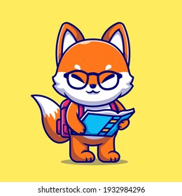 Cute Fox Holding Book With Backpack Cartoon Vector Icon Illustration. Animal Education Icon Concept Isolated Premium Vector. Flat Cartoon Style