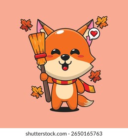 Raposa bonito segurando vassoura no dia de outono desenho animado vetor ilustração