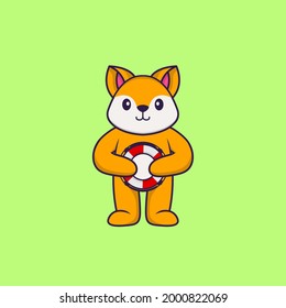 Cute fox holding a buoy. Animal cartoon concept isolated. Can used for t-shirt, greeting card, invitation card or mascot.