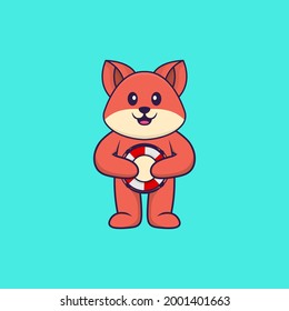 Cute fox holding a buoy. Animal cartoon concept isolated. Can used for t-shirt, greeting card, invitation card or mascot.