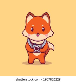 cute fox holding camera cartoon illustration