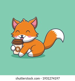 cute fox holding coffee cup cartoon illustration