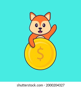Cute fox holding coin. Animal cartoon concept isolated. Can used for t-shirt, greeting card, invitation card or mascot.
