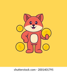 Cute fox holding coin. Animal cartoon concept isolated. Can used for t-shirt, greeting card, invitation card or mascot.