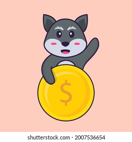 Cute fox holding coin. Animal cartoon concept isolated. Can used for t-shirt, greeting card, invitation card or mascot.