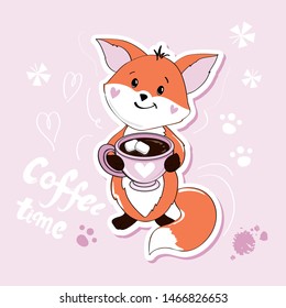 Cute fox holding a cup of coffee with marshmallows and the inscription Coffee Time on a pink background
