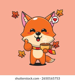 Cute fox holding holding a cup of coffee in autumn day cartoon vector illustration