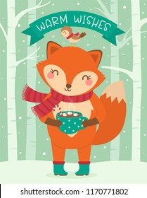 Cute fox holding a cup of hot chocolate with marshmallows and little bird with snow and trees background for christmas and new year card design.